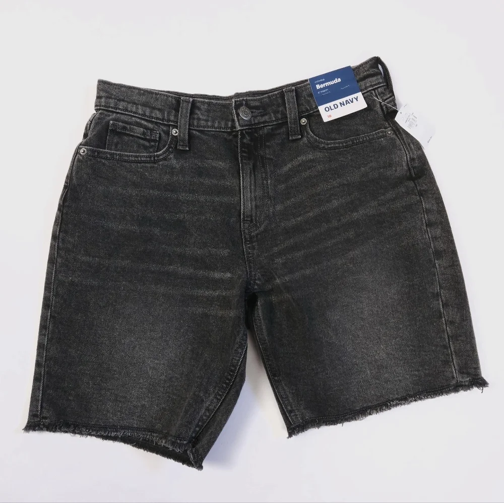 Old Navy High Rise Bermuda Shorts Girls Size 18 Black Denim Frayed NWT